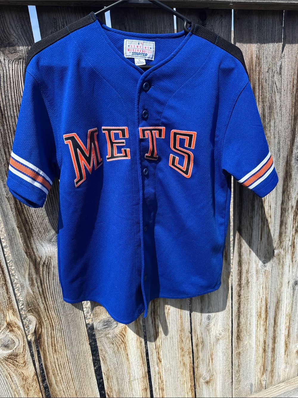 Vintage STARTER Blue MLB NY Mets Button-Front Baseball Jersey with Orange Trim